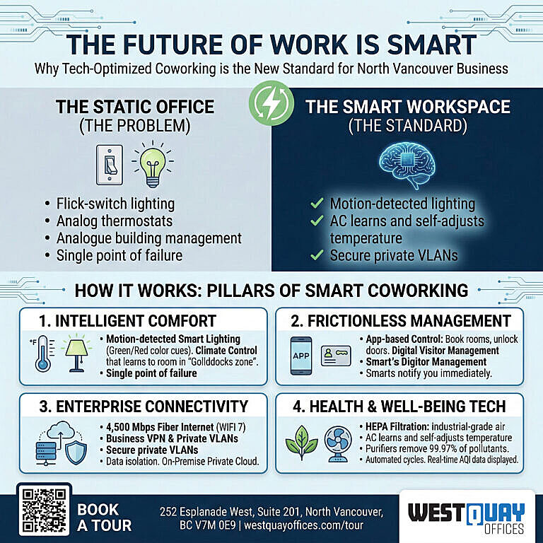 The Future is "Smart": Why Tech-Optimized Coworking is the New Standard for North Vancouver Business 1 smart work space in West Quay Offices